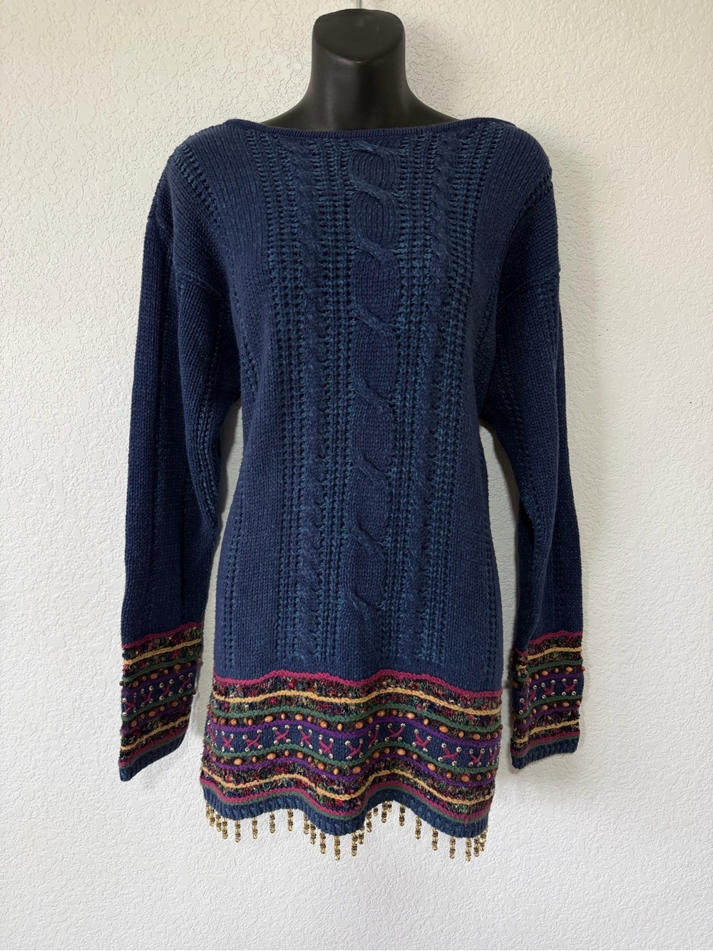 Vintage Lizwear Navy Cable-Knit Sweater with Multicolor Embroidered Hem